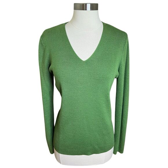 Ann Taylor Sweater Womens Large Green Merino Wool Long Sleeve V Neck Y2k Preppy - Picture 1 of 9